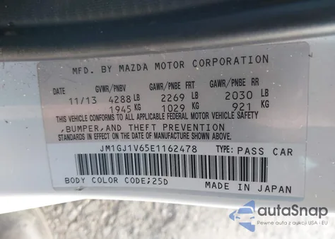 2014 Mazda Mazda6 I Touring z USA, uszkodzony, nr VIN JM1GJ1V65E1162478